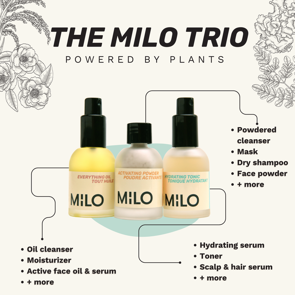 three milo products in a row, frosted bottles with black lids, hydrating tonic in turquoise font with black milo logo, everything oil in pink font with black milo logo, activating powder in orange font, with black milo logo written on bottle labels